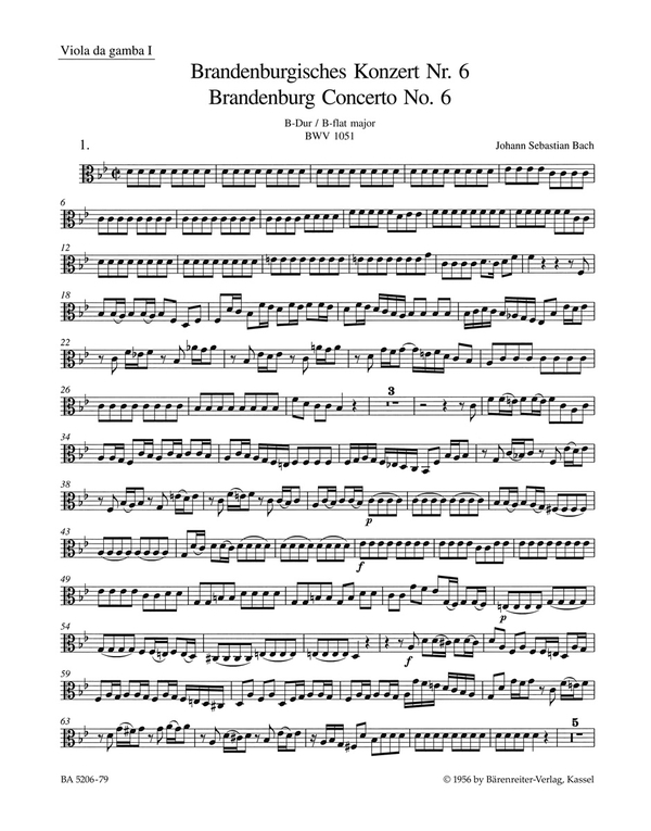 Brandenburgisches Konzert B-Dur&nbsp;&nbsp;Nr.6 BWV1051 für Orchester&nbsp;&nbsp;Viola da gamba 1