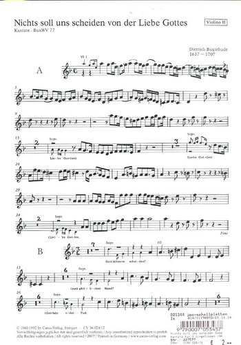 Nichts soll uns scheiden BuxWV77&nbsp;&nbsp;Kantate für 3 Singstimmen (SAB),&nbsp;&nbsp;2 Violinen, Violone und Bc,    Violine 2