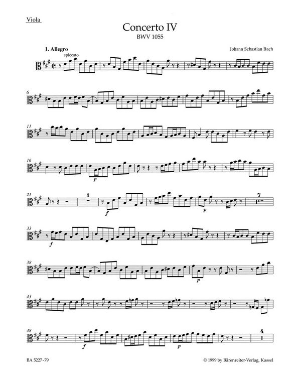 Konzert A-Dur BWV1055&nbsp;&nbsp;für Cembalo und Streicher&nbsp;&nbsp;Viola