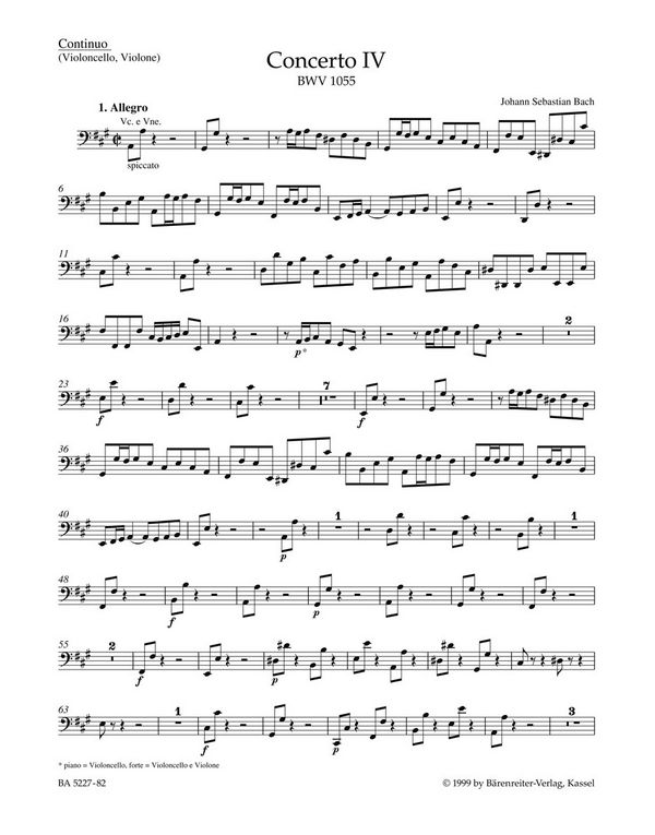 Konzert A-Dur BWV1055&nbsp;&nbsp;für Cembalo und Streicher&nbsp;&nbsp;Cello / Bass