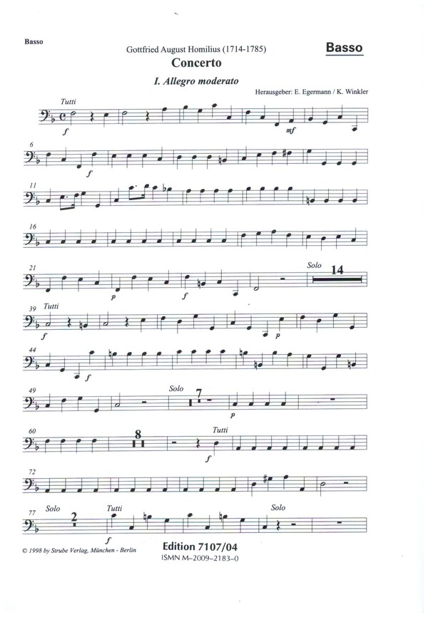 Concerto per il cembalo concertato o organo concertato e archi  für Cembalo (Orgel) und Streicher  Basso