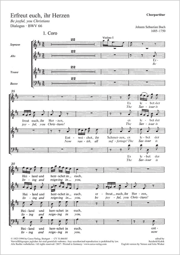 Erfreut euch ihr Herzen&nbsp;&nbsp;Kantate Nr.66 BWV66&nbsp;&nbsp;Chorpartitur