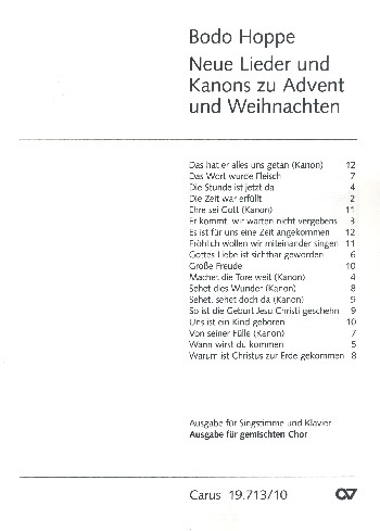 Neue Lieder und Kanons zu Advent&nbsp;&nbsp;und Weihnachten für gem Chor&nbsp;&nbsp;Singpartitur