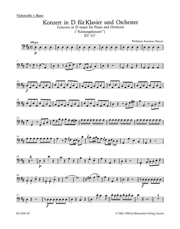KONZERT D-DUR KV537 FUER KLAVIER&nbsp;&nbsp;UND ORCHESTER&nbsp;&nbsp;VIOLONCELLO/KONTRABASS