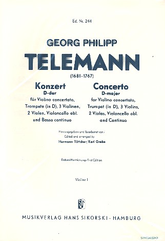 Konzert D-Dur&nbsp;&nbsp;für Violine concertato, Trompete, 3 Violinen, 2 Violen und Bc&nbsp;&nbsp;Streicher Set