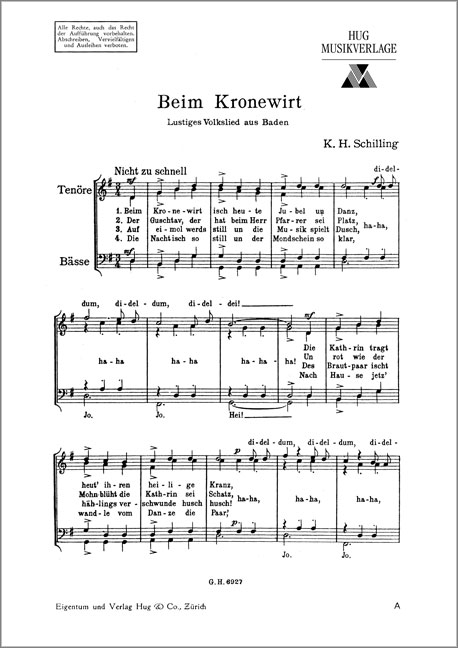 BEIM KRONEWIRT VOLKSLIED AUS  BADEN FUER MAENNERCHOR  A CAPPELLA,  SINGPARTITUR