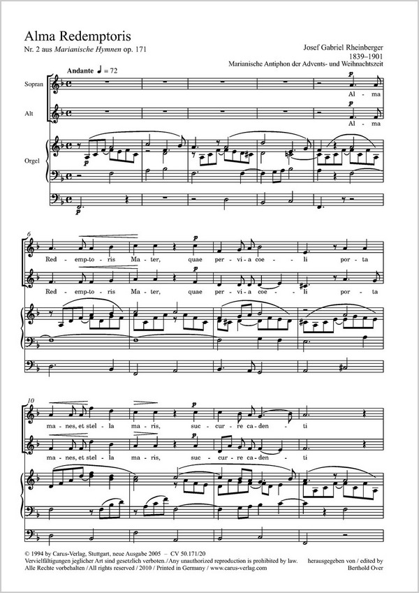 Alma redemptoris mater op.171,2a&nbsp;&nbsp;für Sopran, Alt und Orgel&nbsp;&nbsp;6 marianische Hymnen Nr.2