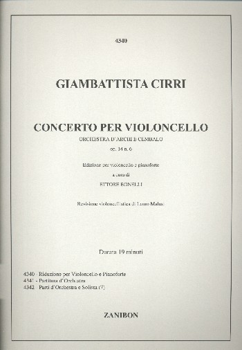 Konzert C-Dur op.14,6 für  Violoncello, Streicher und Bc  für Violoncello und Klavier