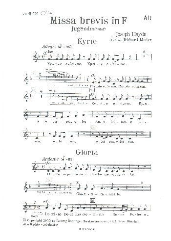 Missa brevis F-Dur HOB.XXII:1 für&nbsp;&nbsp;2 Soprane, gem Chor, Streicher und Orgel&nbsp;&nbsp;Chorstimme Alt