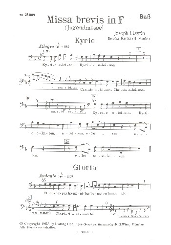 Missa brevis F-Dur HOB.XXII:1&nbsp;&nbsp;für 2 Soprane, gem Chor, Streicher und Orgel&nbsp;&nbsp;Chorstimme Bass