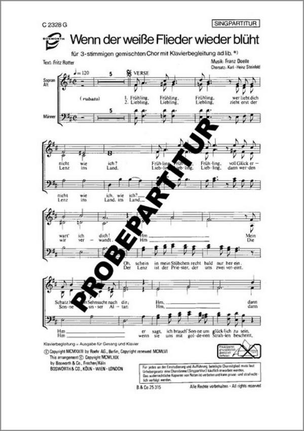 Wenn der weisse Flieder wieder blüht&nbsp;&nbsp;für gem Chor (SAB)&nbsp;&nbsp;Chorpartitur