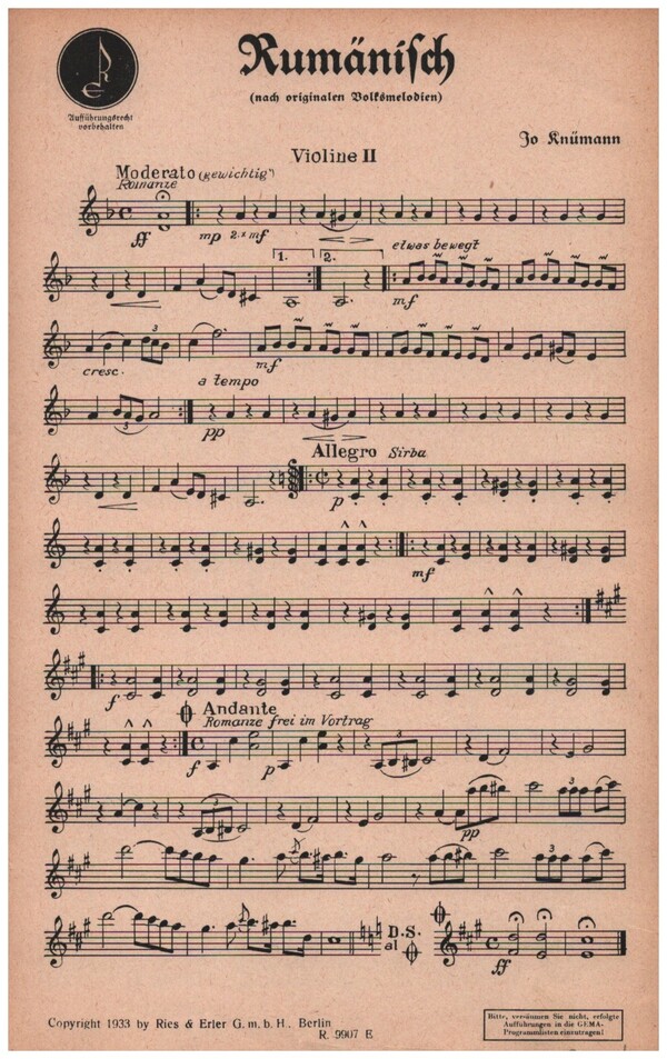 Rumänisch: für Salonorchester  Orchesterergänzer  