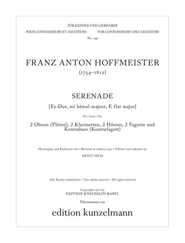 Serenade Es-Dur&nbsp;&nbsp;für 2 Oboen (Flöten), 2 Klarinetten, 2 Hörner, 2 Fagotte und Kontrabas&nbsp;&nbsp;Stimmen
