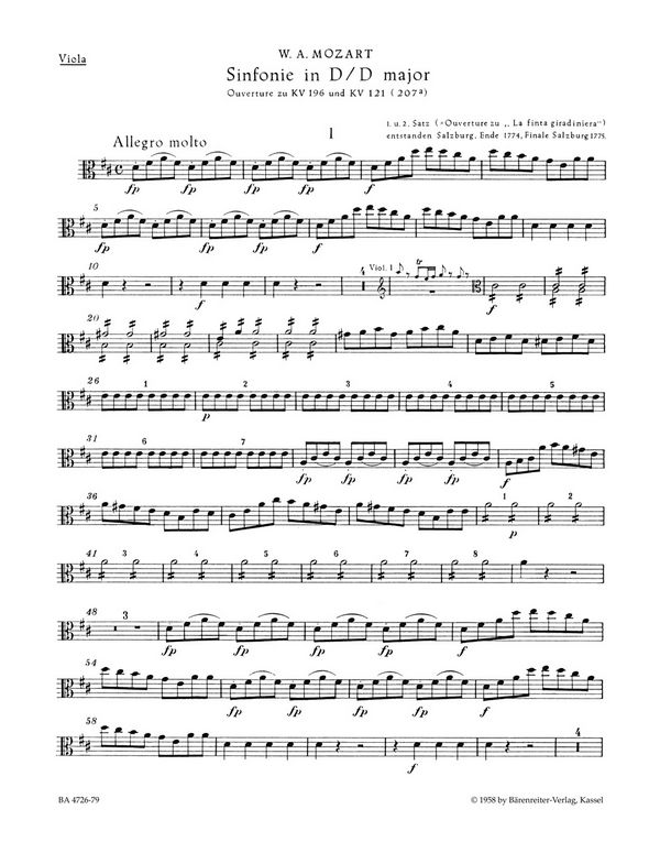 Sinfonie D-Dur KV196&nbsp;&nbsp;für Orchester&nbsp;&nbsp;Viola