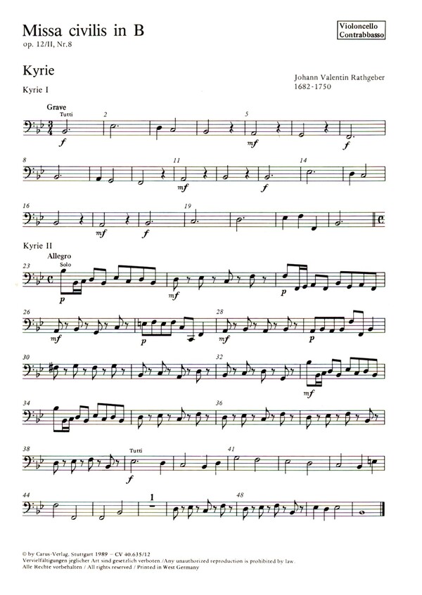 Missa civilis B-Dur op.12,8 für  Soli, Chor (SAB), Violine und Bc  Cello / Bass