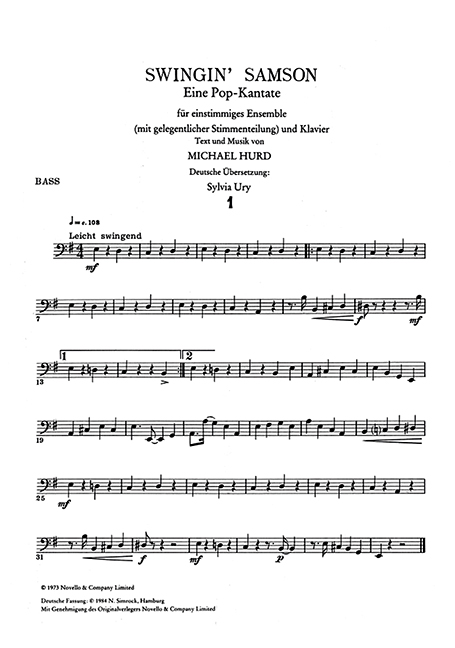 Swingin' Samson Eine Pop-Kantate&nbsp;&nbsp;für 1-stimmiges Ensemble und Klavier&nbsp;&nbsp;Klavier,     Bassstimme
