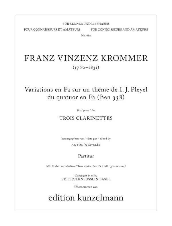 Variations en fa sur un thème de I.J. Pleyel&nbsp;&nbsp;für 3 Klarinetten&nbsp;&nbsp;Spielpartitur