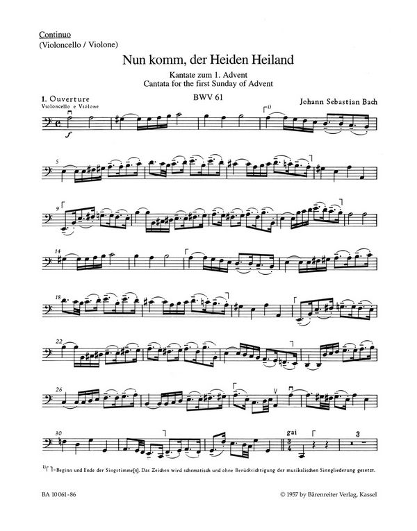 Nun komm, der Heiden Heiland&nbsp;&nbsp;Kantate Nr.61 BWV61&nbsp;&nbsp;Cello / Bass