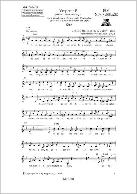 Vesper F-Dur  für 3 Solostimmen  Frauen- oder Knabenchor, Streicher,  2 Hörner ad lib. und Orgel,   Alt