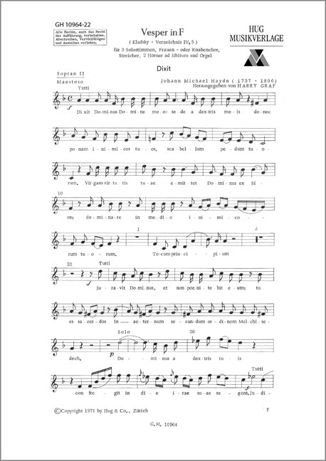 Vesper F-Dur  für 3 Solostimmen  Frauen- oder Knabenchor, Streicher,  2 Hörner ad lib. und Orgel,   Sopran 2