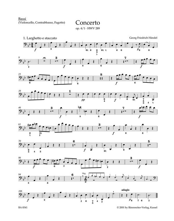 Konzert g-Moll HWV289 op.4,1&nbsp;&nbsp;für Orgel und Orchester&nbsp;&nbsp;Cello/Bass/Fagott