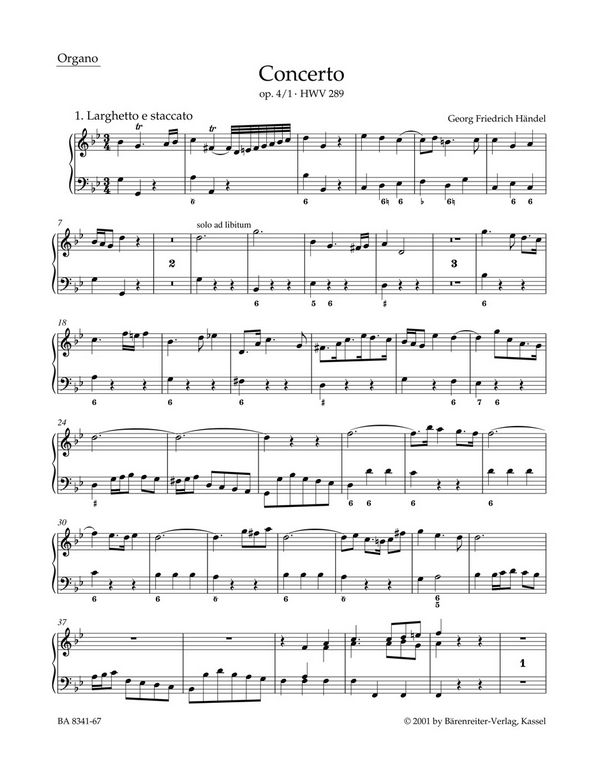 Konzert g-Moll HWV289 op.4,1&nbsp;&nbsp;für Orgel und Orchester&nbsp;&nbsp;Orgel