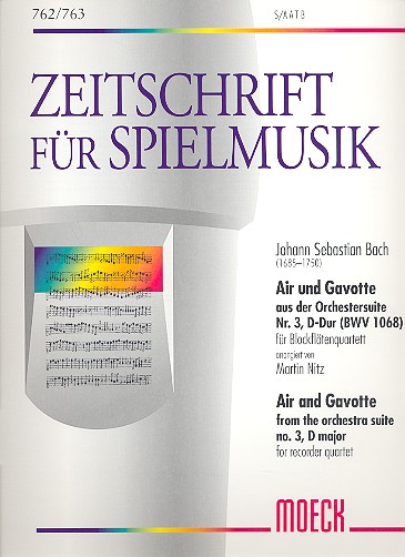 Air und Gavotte aus BWV1068  für 4 Blockflöten (S(A)ATB)  Partitur und Stimmen