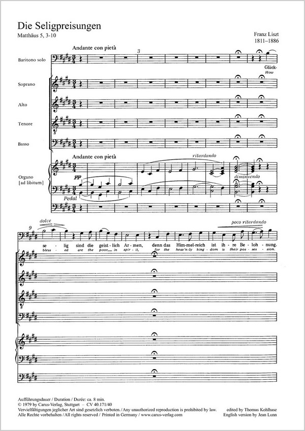 DIE SELIGPREISUNGEN FUER BARITON  SOLO, GEM CHOR UND ORGEL AD LIB  