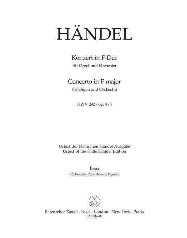 Konzert F-Dur op.4,4 HWV292&nbsp;&nbsp;für Orgel und Orchester&nbsp;&nbsp;Cello/Bass/Fagott