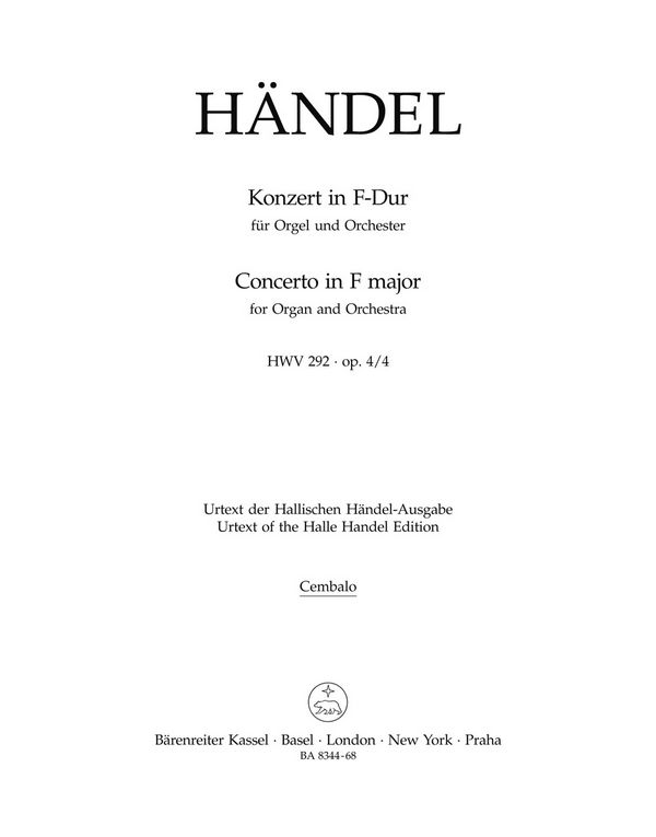 Konzert F-Dur op.4,4 HWV292&nbsp;&nbsp;für Orgel und Orchester&nbsp;&nbsp;Cembalo