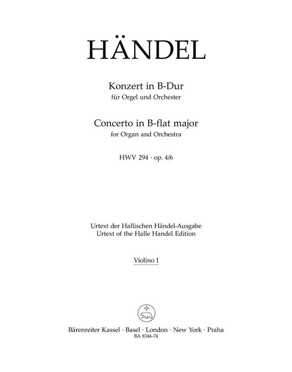 KONZERT B-DUR OP.4,6 HWV294&nbsp;&nbsp;FUER ORGEL UND ORCHESTER&nbsp;&nbsp;VIOLINE 1