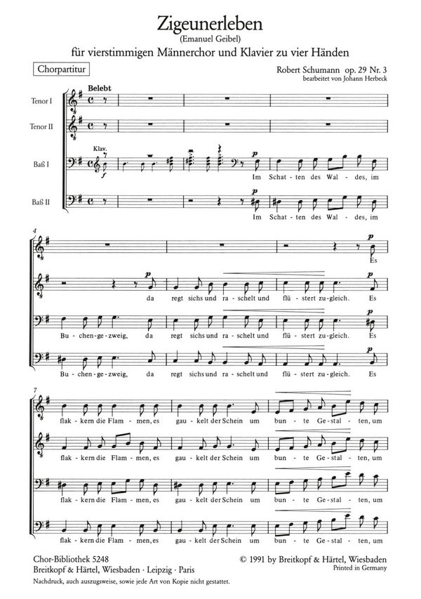 Zigeunerleben op.29,3&nbsp;&nbsp;für Männerchor und Klavier zu 4 Händen&nbsp;&nbsp;Chorpartitur