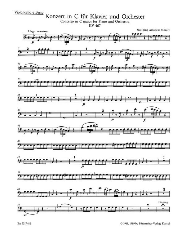 Konzert C-Dur Nr.21 KV467&nbsp;&nbsp;für Klavier und Orchester&nbsp;&nbsp;Cello / Bass