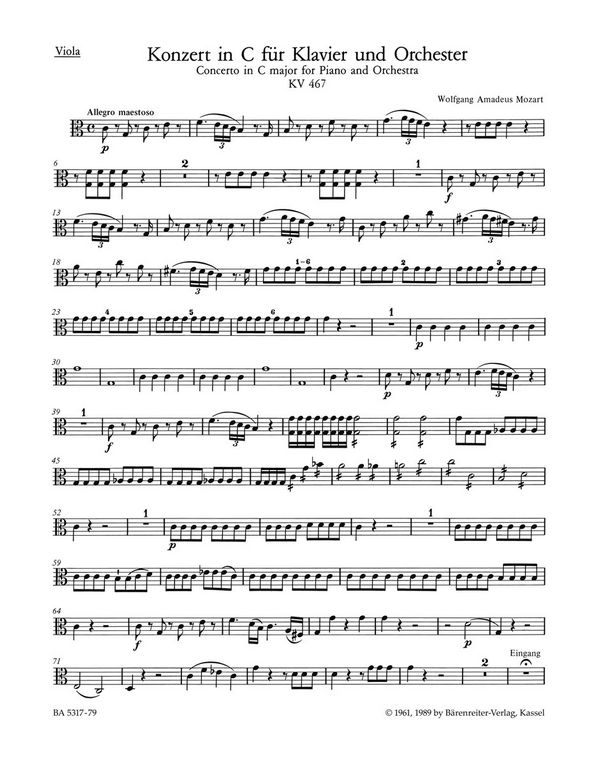 Konzert C-Dur Nr.21 KV467&nbsp;&nbsp;für Klavier und Orchester&nbsp;&nbsp;Viola