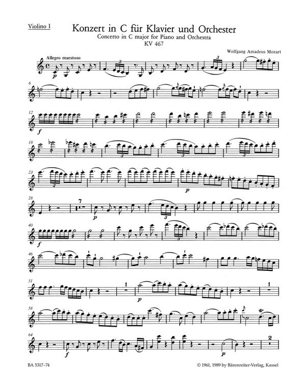 Konzert C-Dur Nr.21 KV467&nbsp;&nbsp;für Klavier und Orchester&nbsp;&nbsp;Violine 1