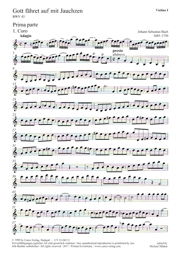 Gott fähret auf mit Jauchzen&nbsp;&nbsp;Kantate Nr.43 BWV43&nbsp;&nbsp;Violine 1