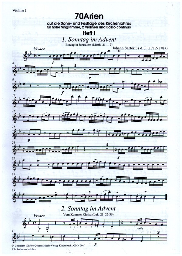 70 Arien Band 1  für hohe Singstimme, 2 Violinen und Bc,  Instrumentalstimmen