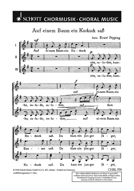 Auf einem Baum ein Kuckuck sass  für Frauenchor a cappella  