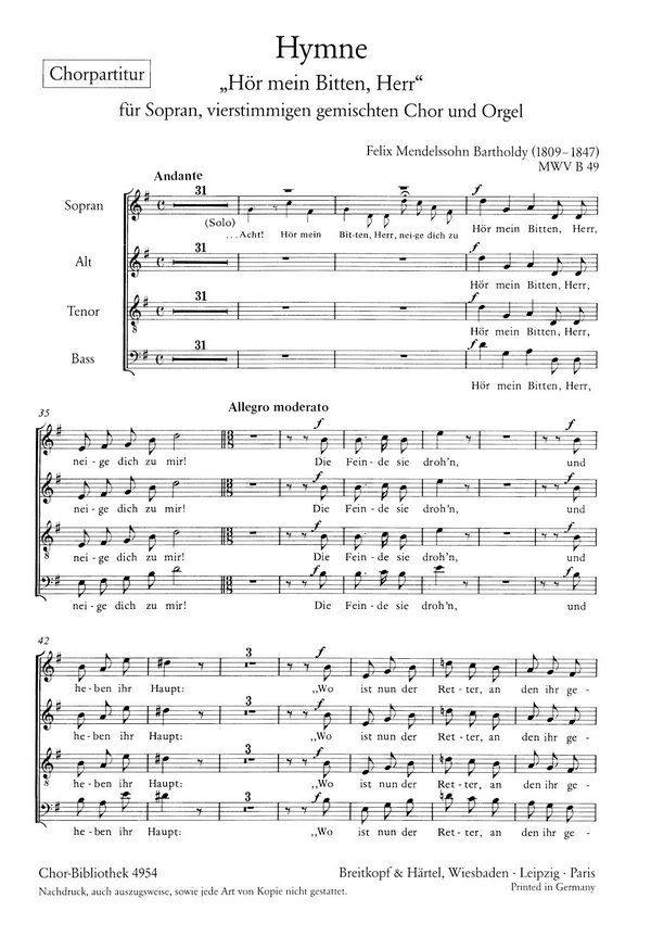 Hör mein Bitten Herr - Hymne&nbsp;&nbsp;für Sopran, gem Chor und Orgel&nbsp;&nbsp;Chorpartitur