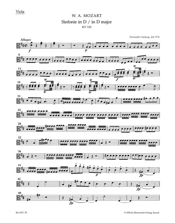 SINFONIE D-DUR NR.20&nbsp;&nbsp;KV133 FUER ORCHESTER&nbsp;&nbsp;VIOLA