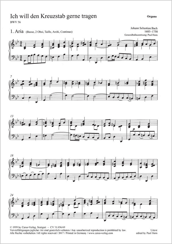 Ich will den Kreuzstab gerne tragen&nbsp;&nbsp;Kantate Nr.56 BWV56&nbsp;&nbsp;Orgel