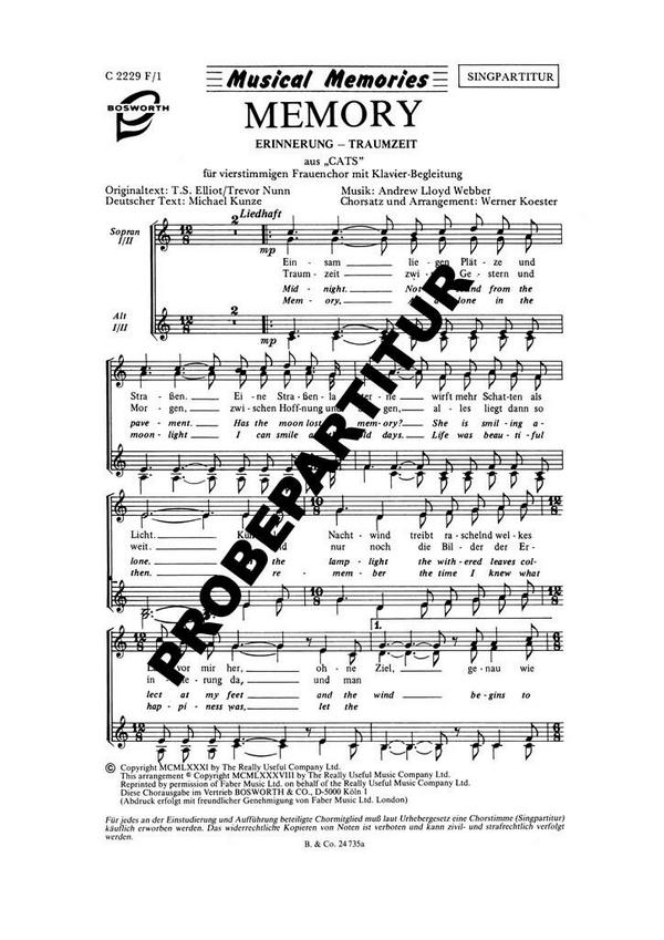 Memory aus 'Cats'&nbsp;&nbsp;für Frauenchor und Klavier&nbsp;&nbsp;Chorpartitur (dt/en)
