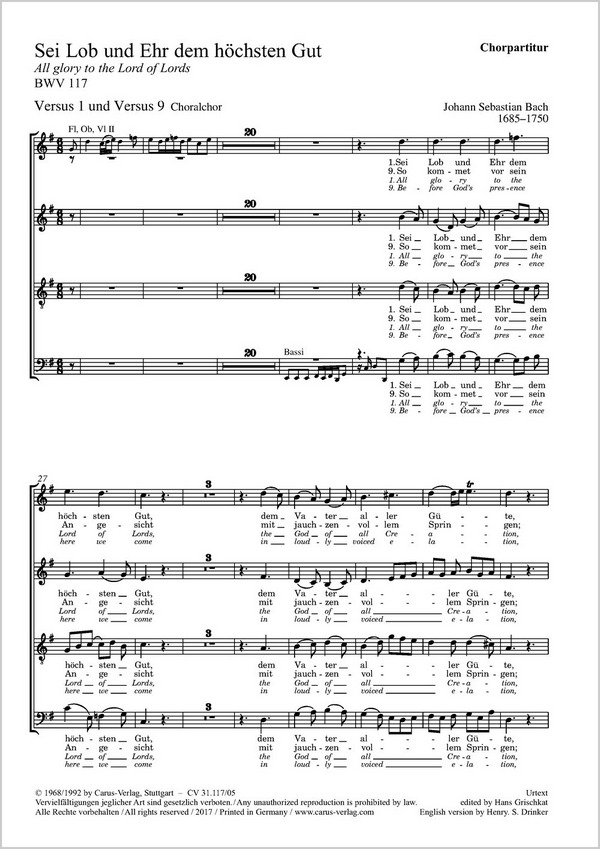 Sei Lob und Ehr dem höchsten Gut&nbsp;&nbsp;Kantate Nr.117 BWV117&nbsp;&nbsp;Chorpartitur (dt/en)