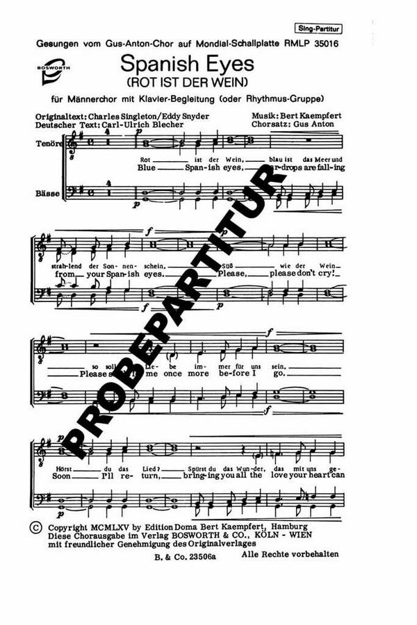 Spanish Eyes&nbsp;&nbsp;für Mäennerchor und Klavier&nbsp;&nbsp;Chorpartitur