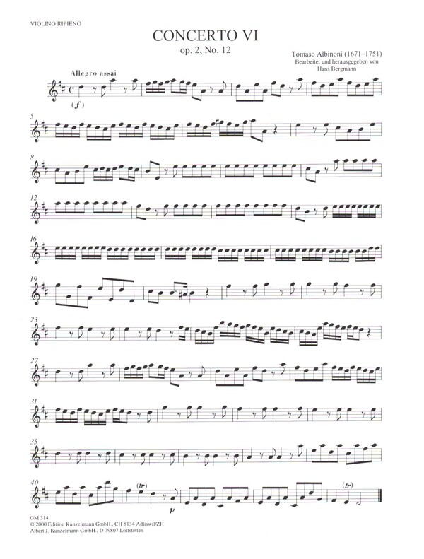 Sinfonia a cinque D-Dur op.2,12 (Konzert Nr.6)&nbsp;&nbsp;für Violine und Streichorchester&nbsp;&nbsp;Violine 1