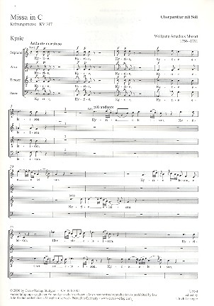 Missa C-Dur KV317 &nbsp;&nbsp;für Soli, Chor und Orchester&nbsp;&nbsp;Chorpartitur