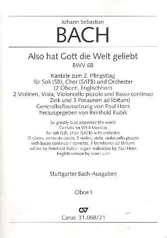 Also hat Gott die Welt geliebt&nbsp;&nbsp;Kantate Nr.68 BWV68&nbsp;&nbsp;Oboe 1