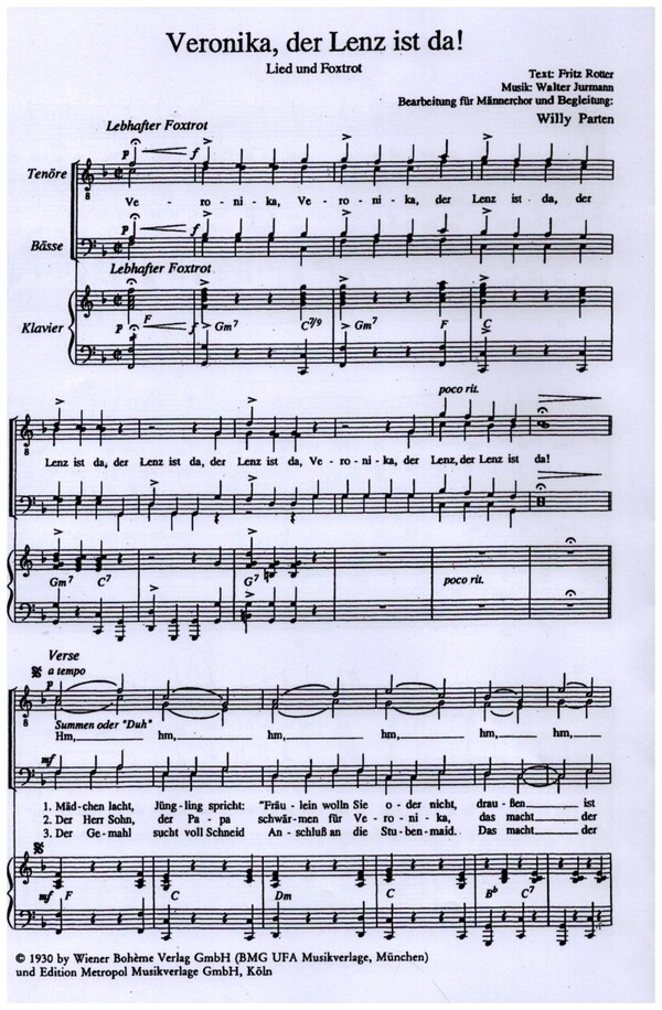Veronika, der Lenz ist da!&nbsp;&nbsp;für Männerchor und Klavier&nbsp;&nbsp;Klavierpartitur