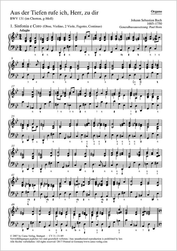 Aus der Tiefen rufe ich Herr zu dir&nbsp;&nbsp;Kantate Nr.131 BWV131&nbsp;&nbsp;Orgelstimme (Fassung g-Moll)