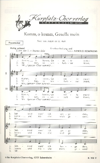 Komm o komm Geselle mein  für Frauenchor a cappella  Partitur